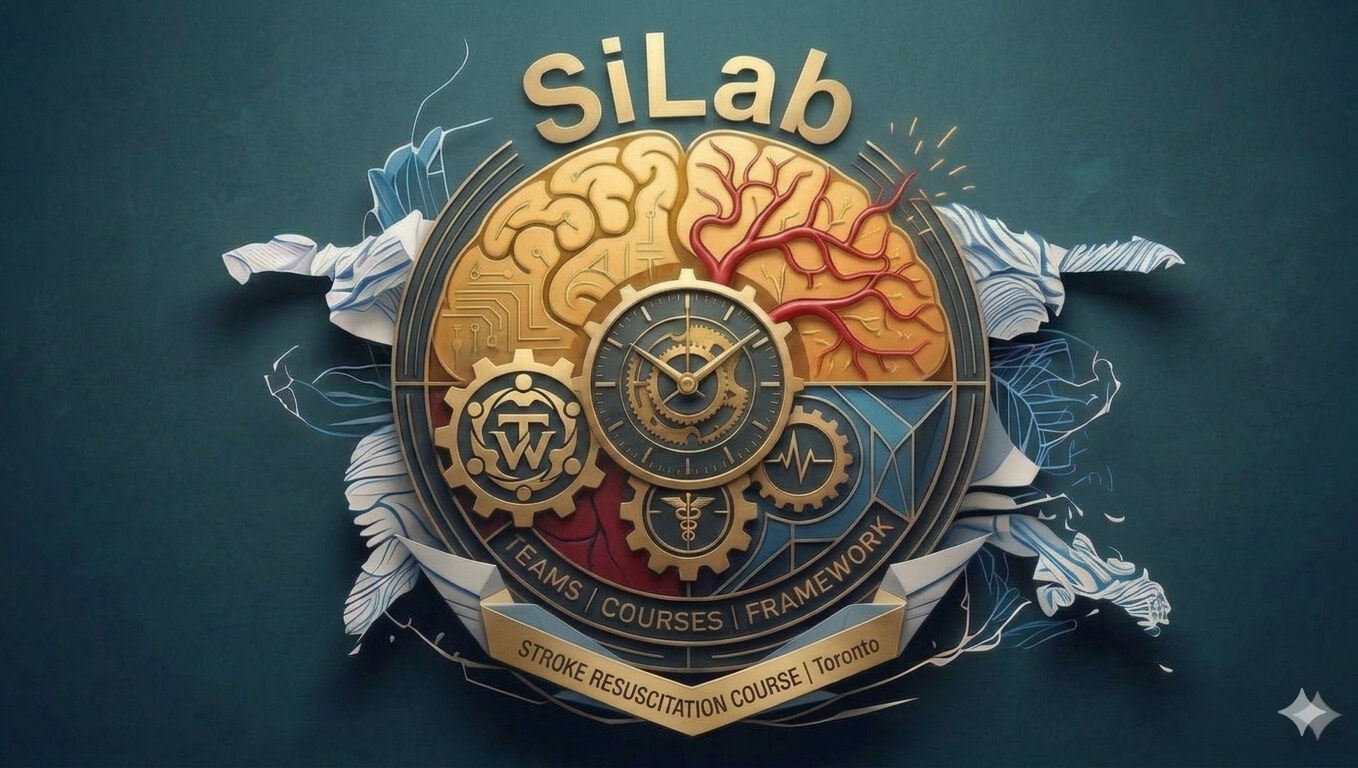 SiLab emblem: a brain and gears inside a crest, banded teams, courses, framework, over a Stroke Resuscitation Course Toronto ribbon